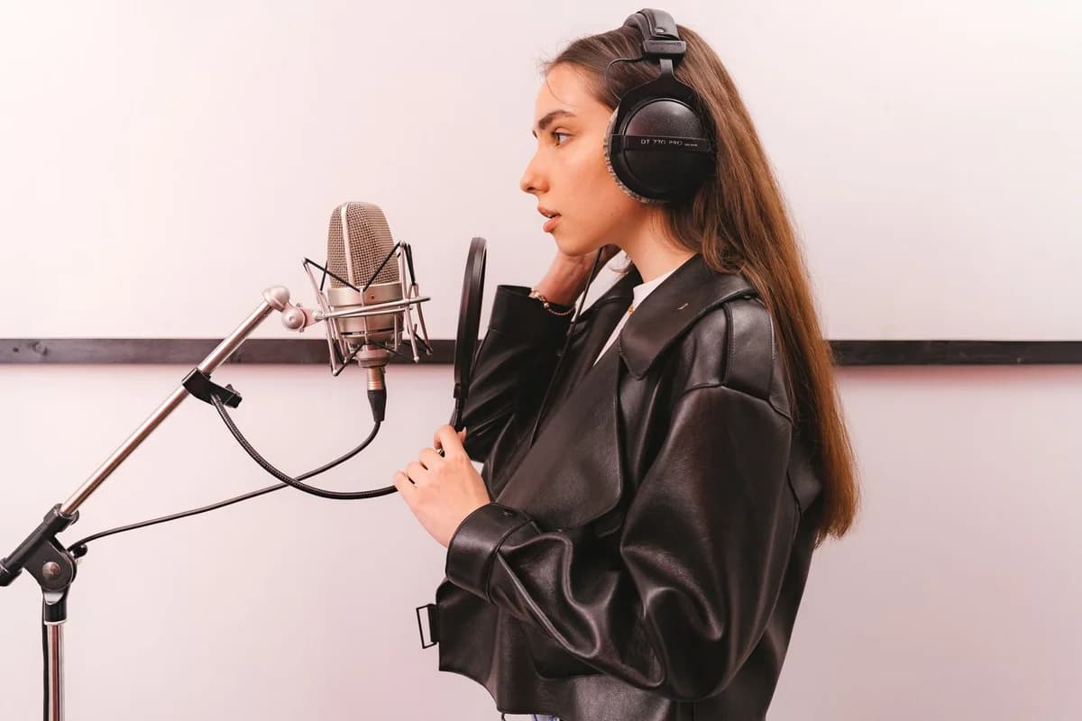 A young woman in a black leather jacket sings into a studio microphone while wearing headphones.