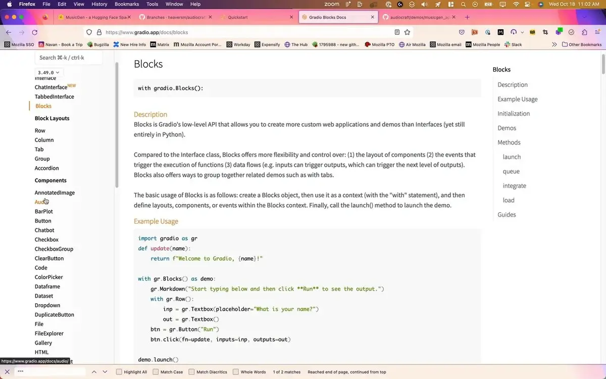 A browser window displaying Gradio Blocks documentation with code examples and side navigation.