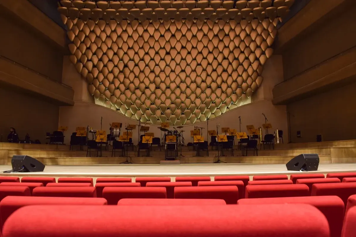 Empty red seats in a concert hall facing a prepared stage with music stands and microphones.