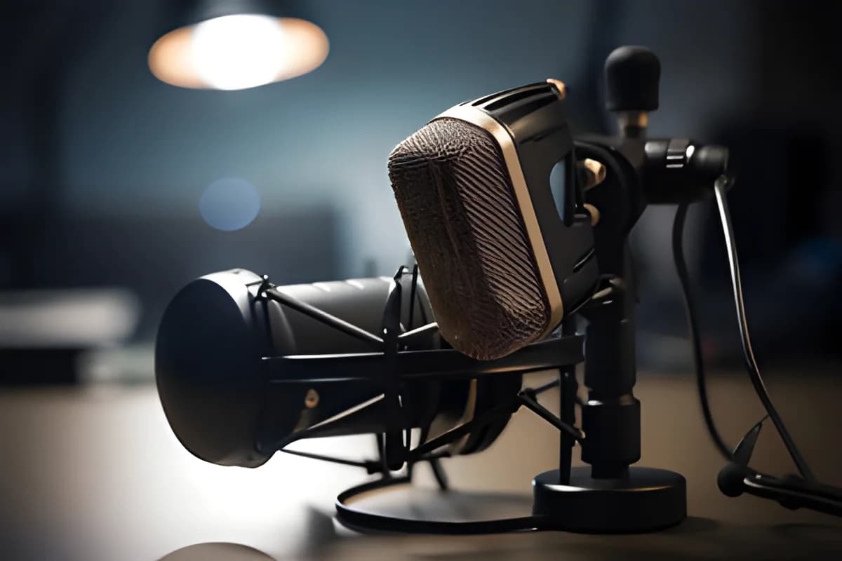 Close-up of a podcast microphone on a desk in a studio