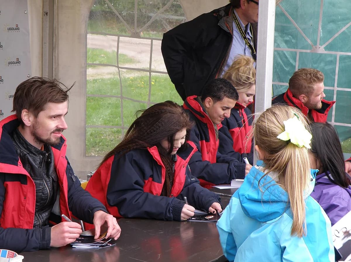 X Factor finalists signing autographs for fans at Legoland Billund.