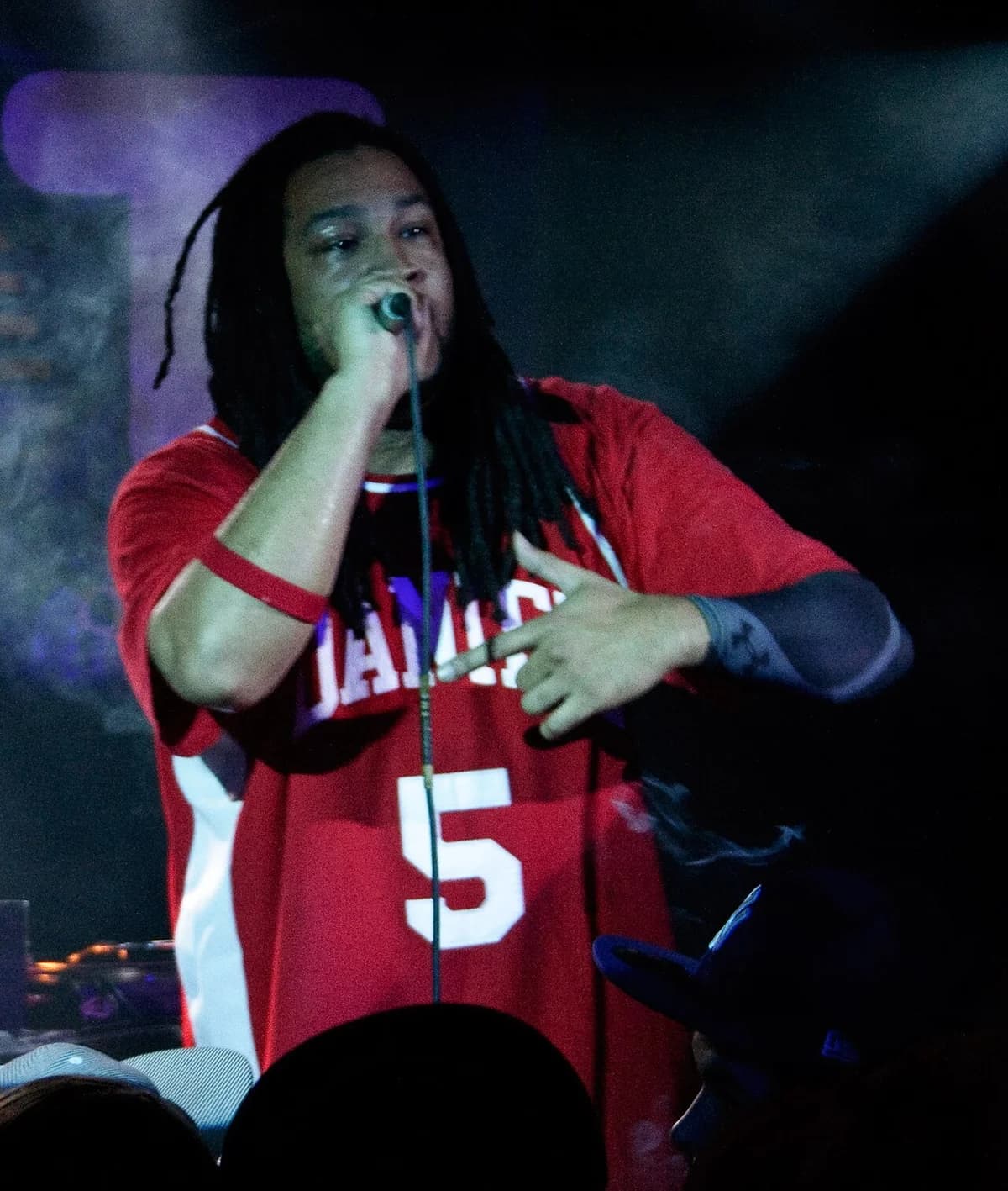 A performer sings on stage at a live concert.
