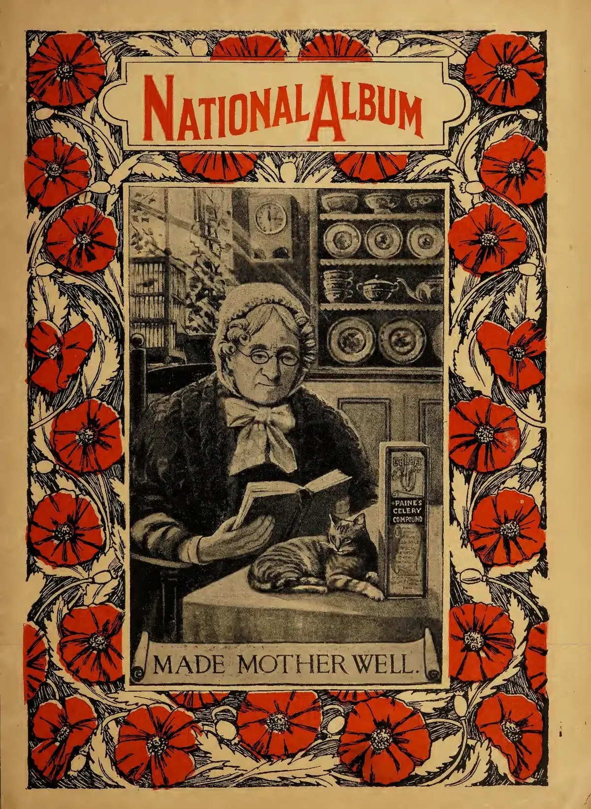 Vintage booklet cover titled National Album: Made Mother Well, with an elderly woman reading beside a cat.