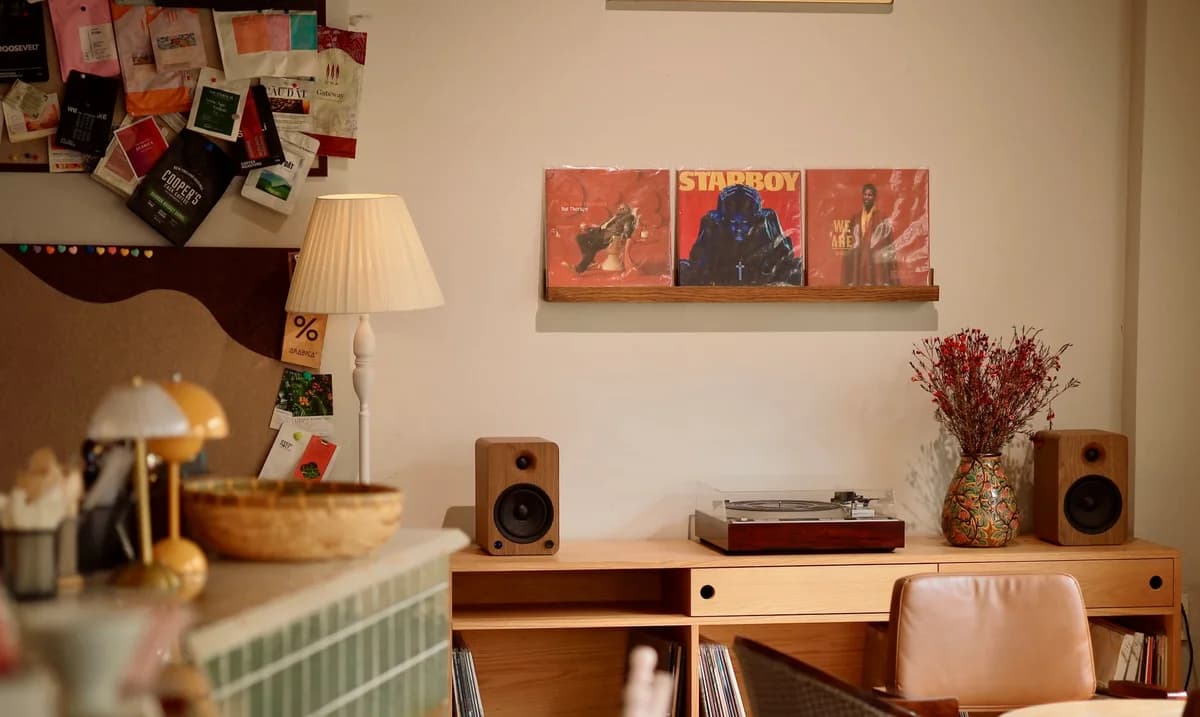 Cozy room with a turntable, speakers, and album covers on a shelf.