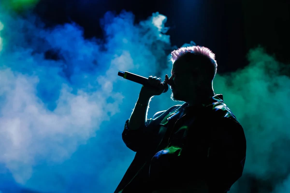 Silhouetted singer performing on a smoky, colorful stage.