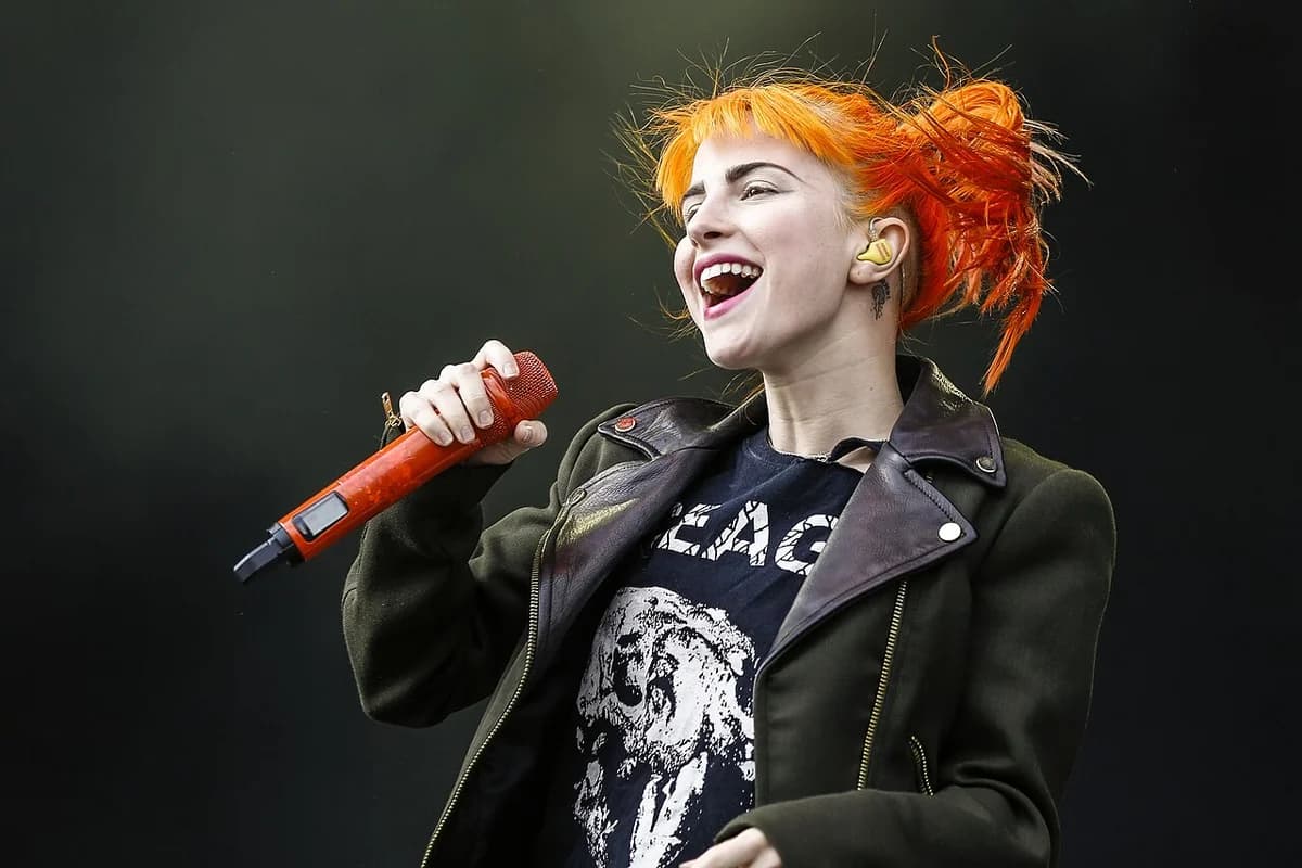 Hayley Williams performing on stage with a microphone at Rock im Park 2013.
