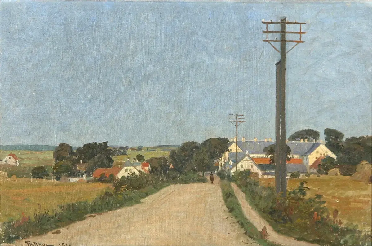 A rural Danish landscape painting with a road, fields, houses, trees, and telephone poles.