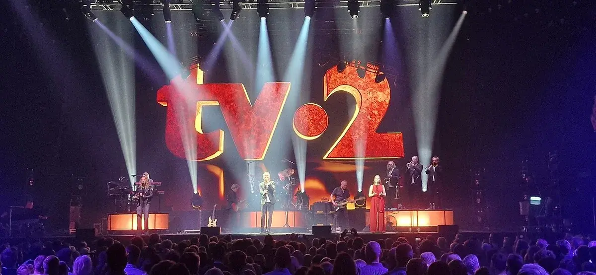 TV-2 performing live on stage at a concert in Aarhus.