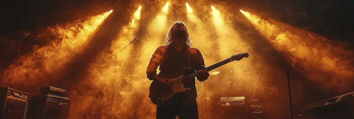 Silhouetted guitarist performing on a smoky, brightly lit stage.