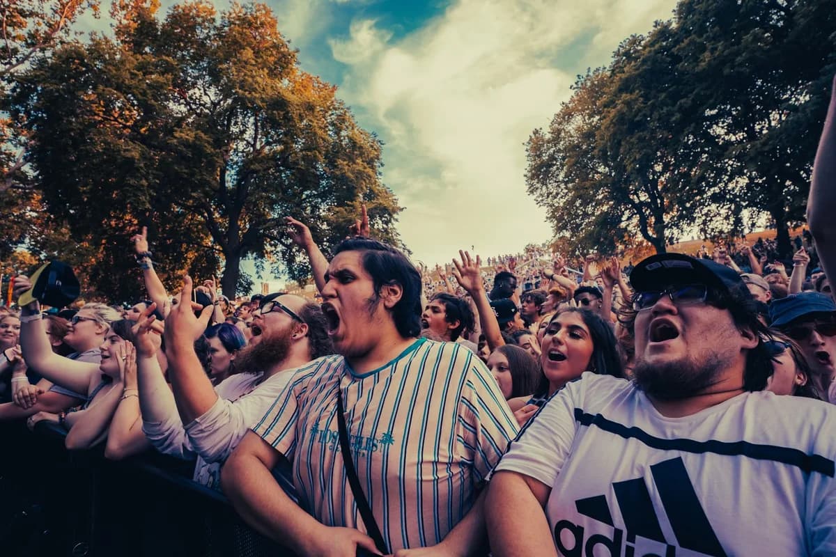 A cheering crowd at an outdoor music festival.