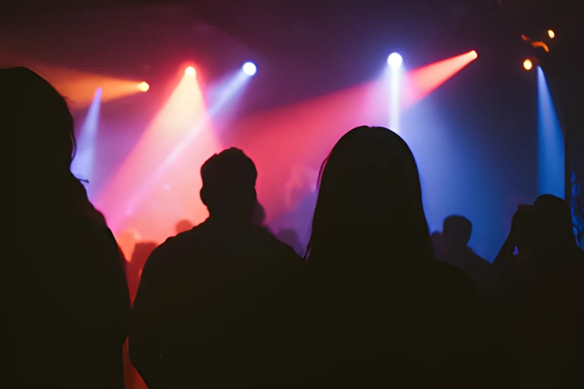 Concert audience silhouettes with colorful spotlights