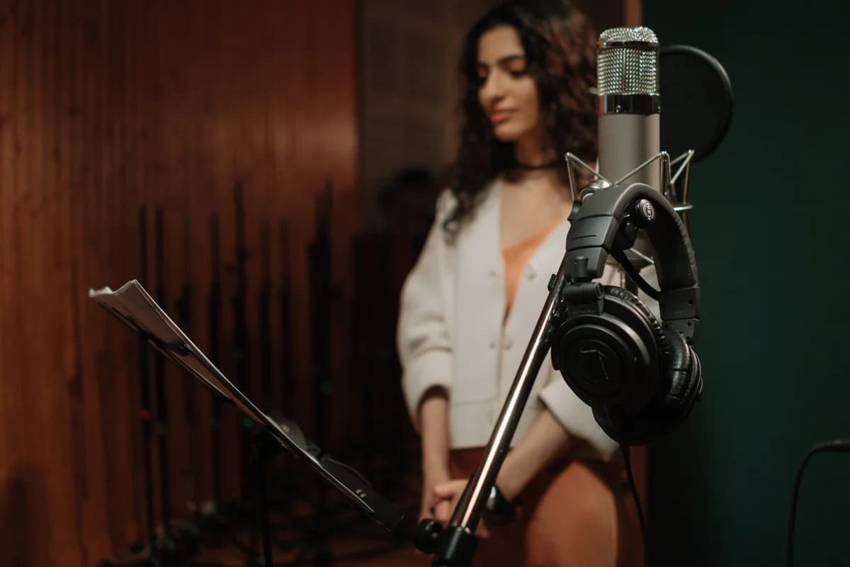 A woman stands in a recording studio beside a microphone and headphones.