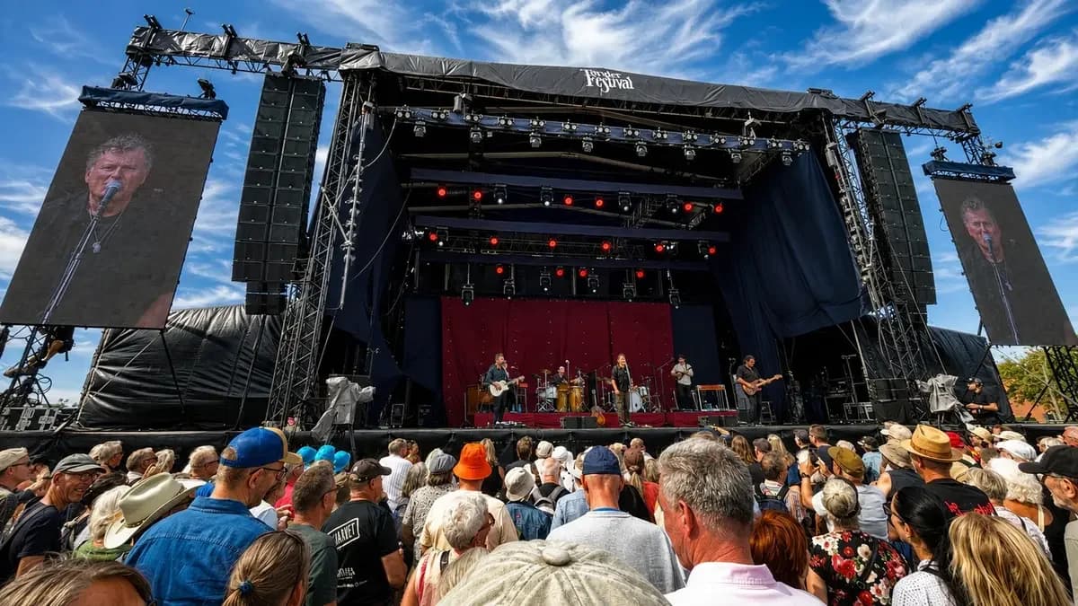 Crowd at an outdoor festival watching Poul Krebs perform on a large stage.