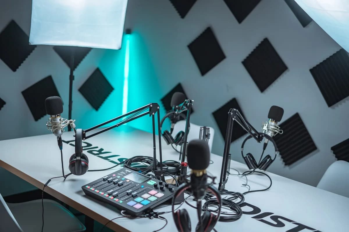 A podcast studio setup with microphones, headphones, and an audio mixer.