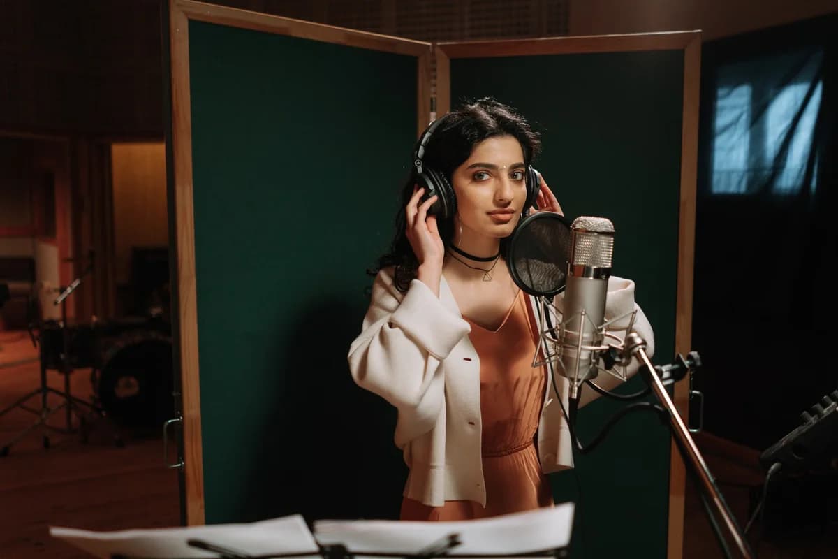 Young woman recording vocals in a studio at a microphone