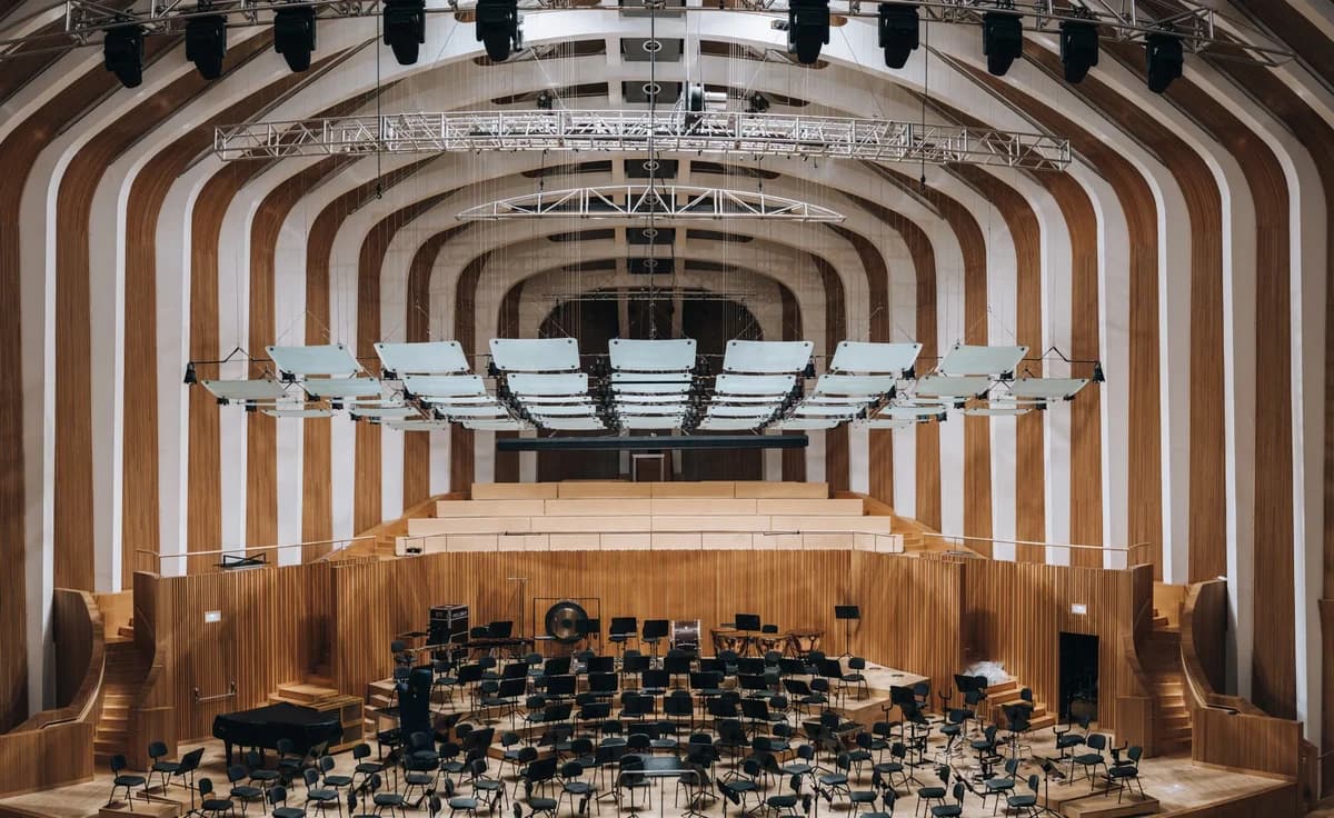 empty modern wooden auditorium with orchestra setup