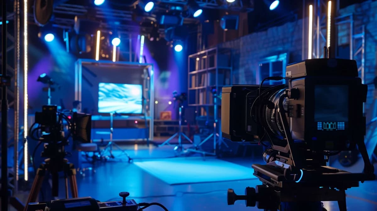 A professional camera on a TV studio set with blue lighting.